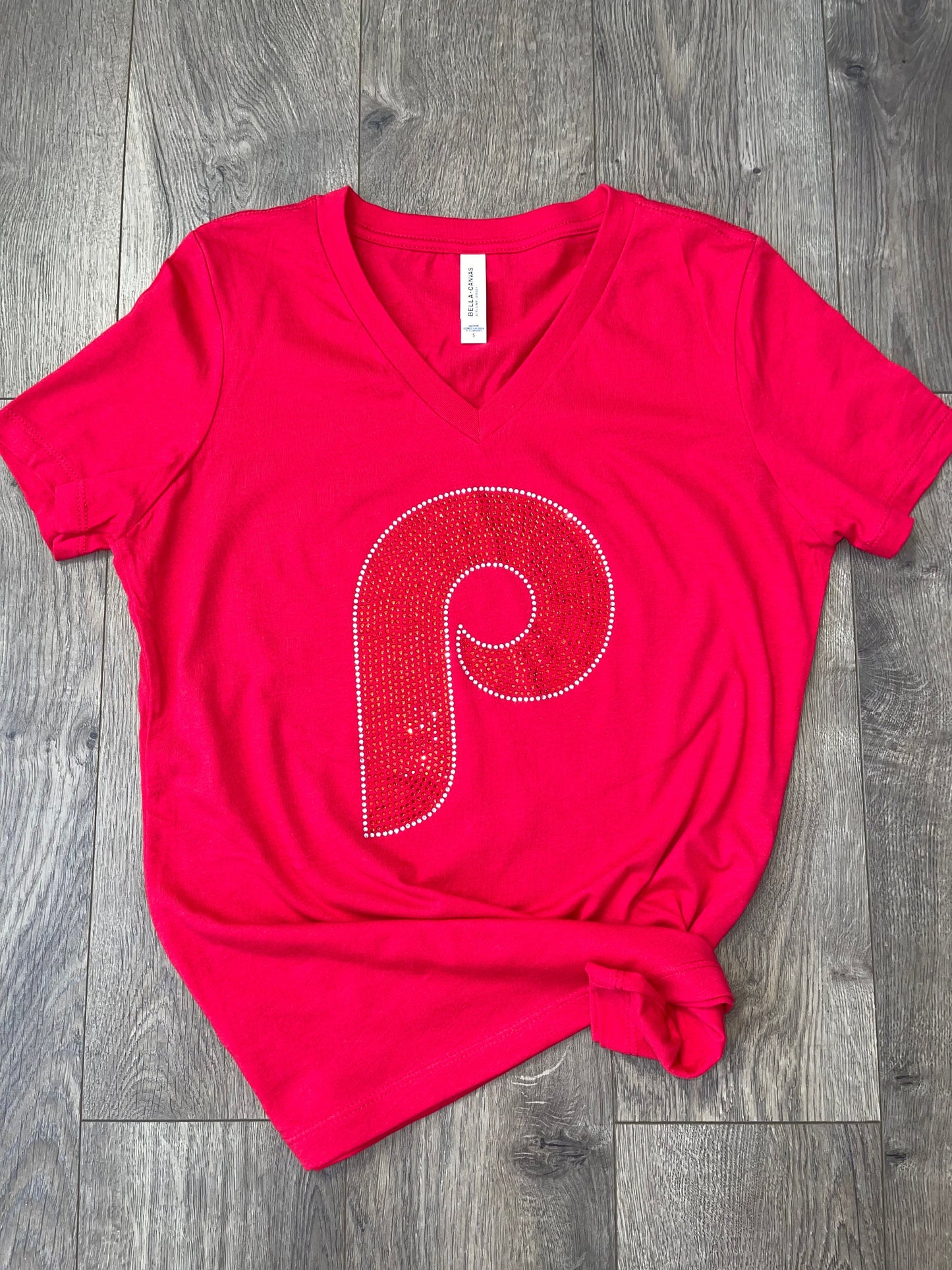 Phillies Rhinestone Bella + Canvas Women's Relaxed Jersey Short Sleeve V-Neck T-Shirt, MLB, Baseball, Bling Phillies Shirt Red V-Neck
