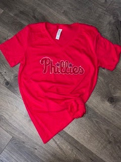 Phillies Rhinestone Bella + Canvas Women's Relaxed Jersey Short Sleeve V-Neck T-Shirt, MLB, Baseball, Bling Phillies Shirt Red V-Neck
