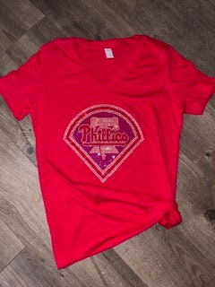 Phillies Rhinestone Bella + Canvas Women's Relaxed Jersey Short Sleeve V-Neck T-Shirt, MLB, Baseball, Bling Phillies Shirt Red V-Neck