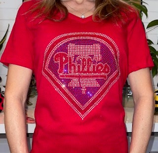 Phillies Rhinestone Bella + Canvas Women's Relaxed Jersey Short Sleeve V-Neck T-Shirt, MLB, Baseball, Bling Phillies Shirt Red V-Neck