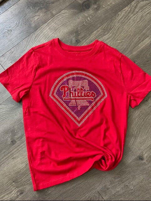 Kids (girls) Phillies Rhinestone Bella + Canvas Kids T-Shirt, MLB, Baseball, Bling Phillies Shirt Red Crew Neck
