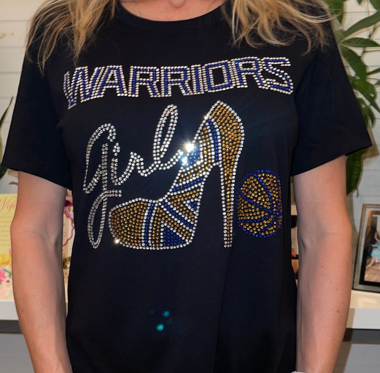 Warriors Girl Rhinestone Shirt |Basketball Bling shirt | Warriors Girl Stiletto Rhinestone Shirt | Women's Shirts | NBA basketball Shirt