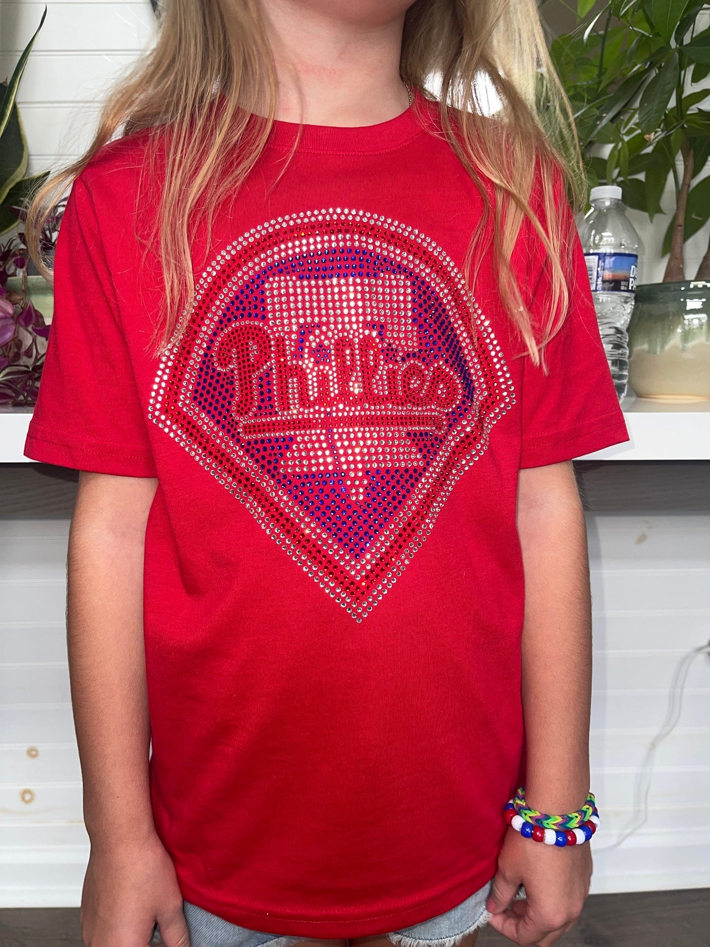 Kids (girls) Phillies Rhinestone Bella + Canvas Kids T-Shirt, MLB, Baseball, Bling Phillies Shirt Red Crew Neck