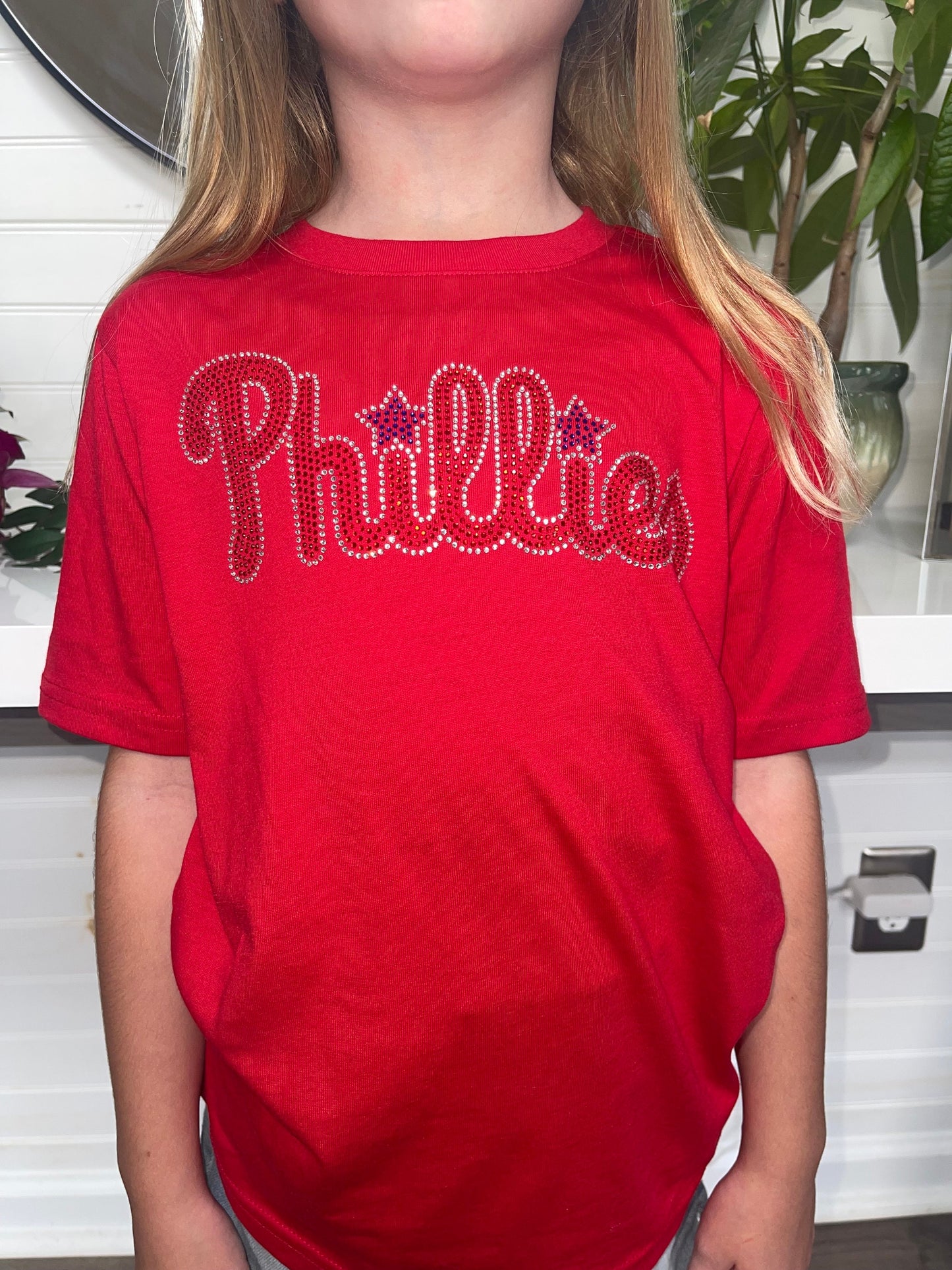 Kids (girls) Phillies Rhinestone Bella + Canvas Kids T-Shirt, MLB, Baseball, Bling Phillies Shirt Red Crew Neck