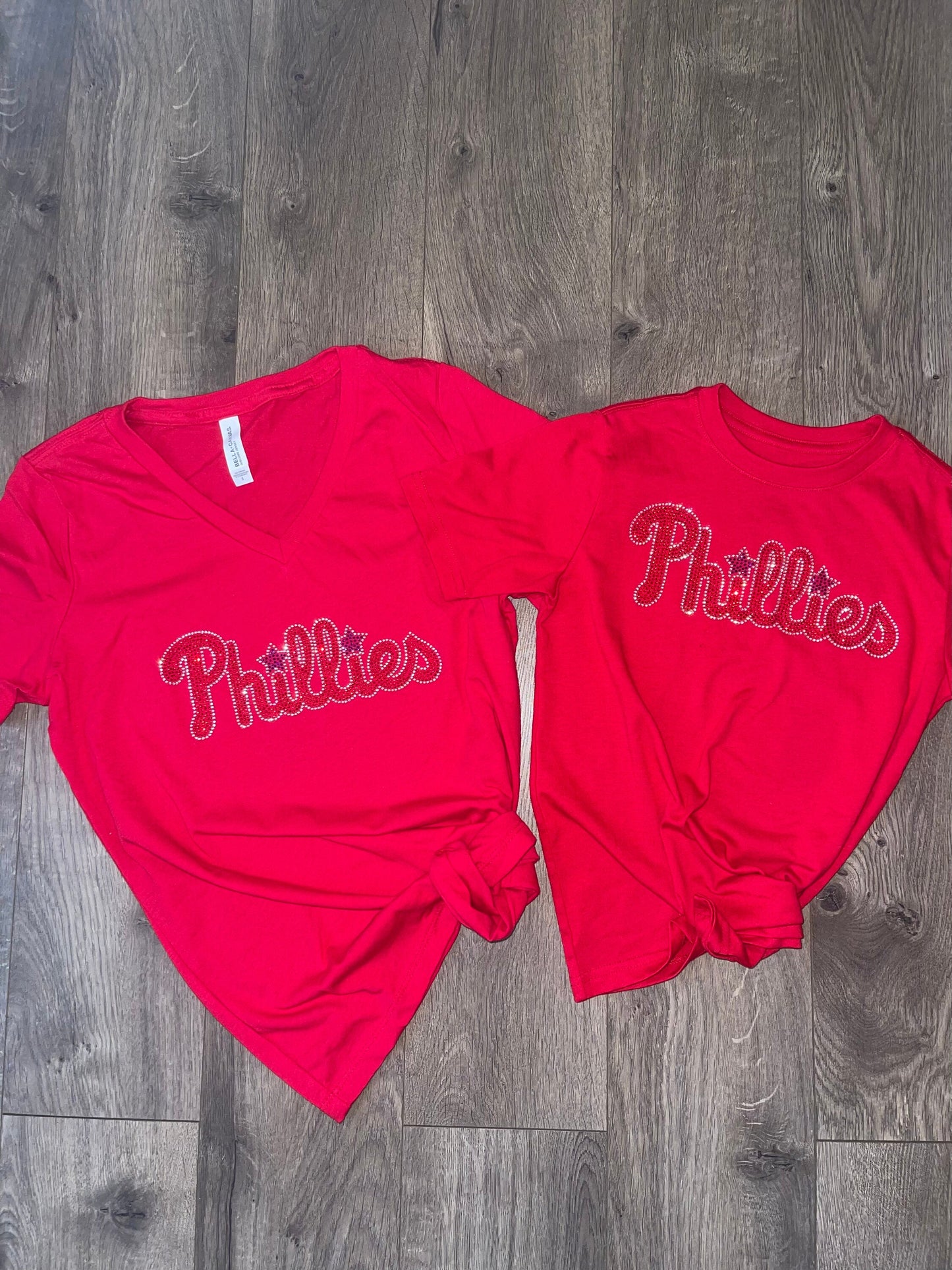 Kids (girls) Phillies Rhinestone Bella + Canvas Kids T-Shirt, MLB, Baseball, Bling Phillies Shirt Red Crew Neck