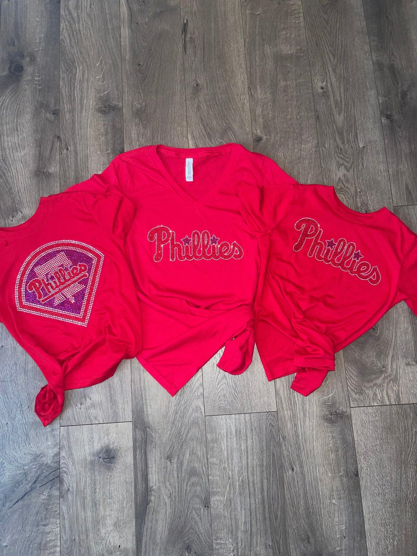 Kids (girls) Phillies Rhinestone Bella + Canvas Kids T-Shirt, MLB, Baseball, Bling Phillies Shirt Red Crew Neck