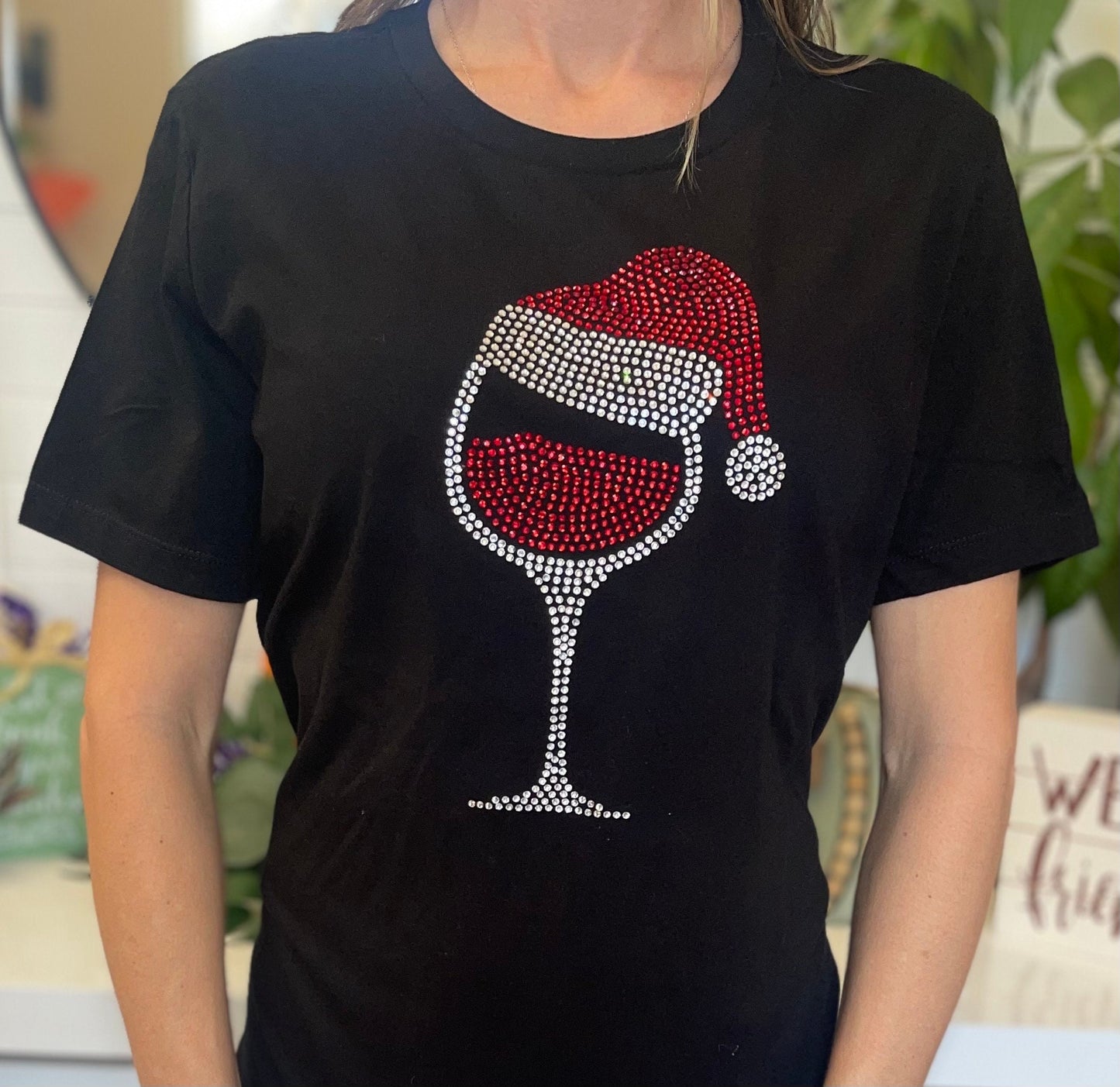 Santa Hat Wine Glass {Christmas Wine Lovers t-shirts, {Rhinestone Bling Classy Girl, Wine shirt Rhinestone Bling Bling, Girls Party Shirt
