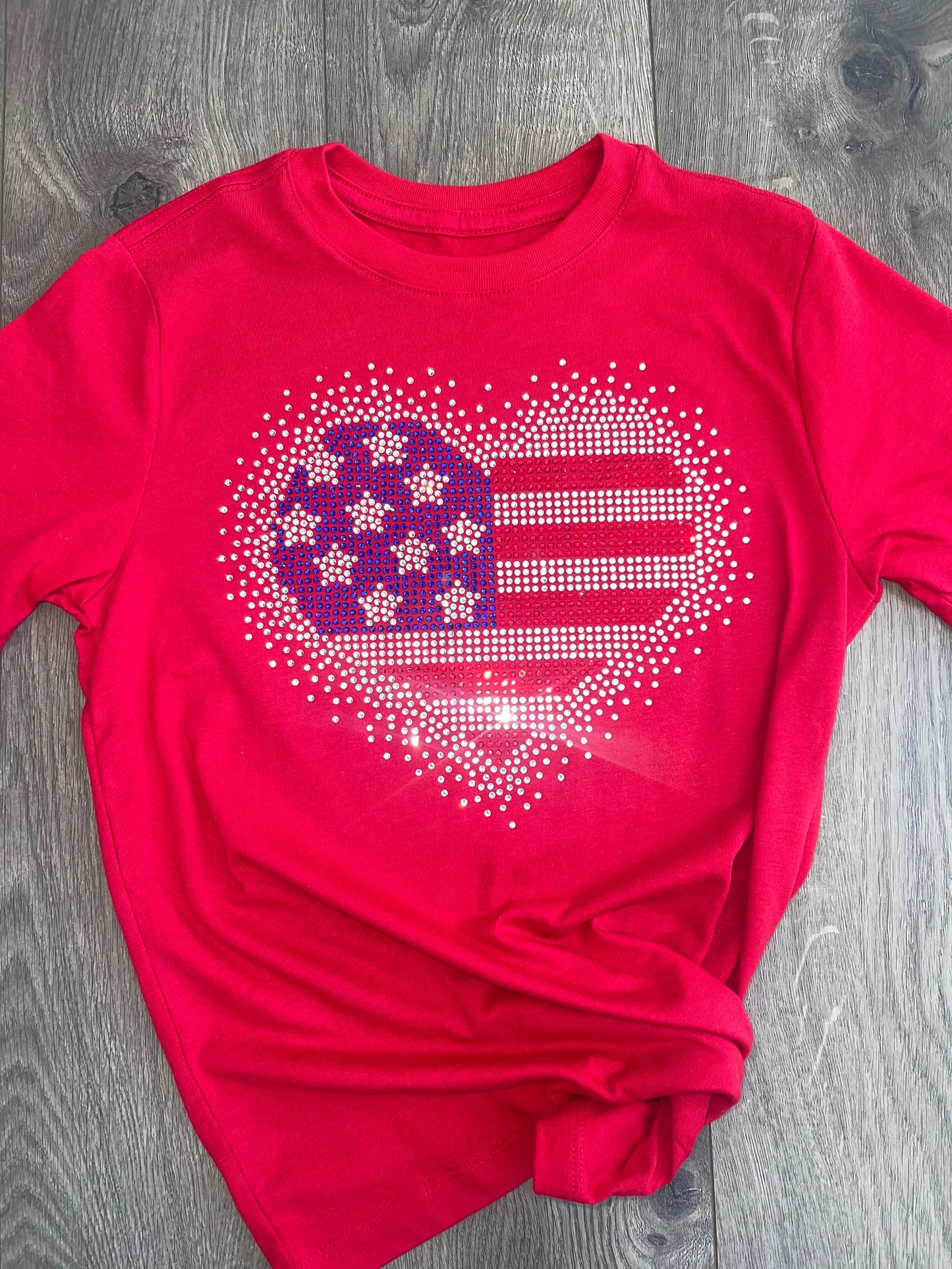 Kids (girls) Heart American Flag Rhinestone Bella + Canvas Kids T-Shirt, Patriotic Bling Shirt Red Crew Neck