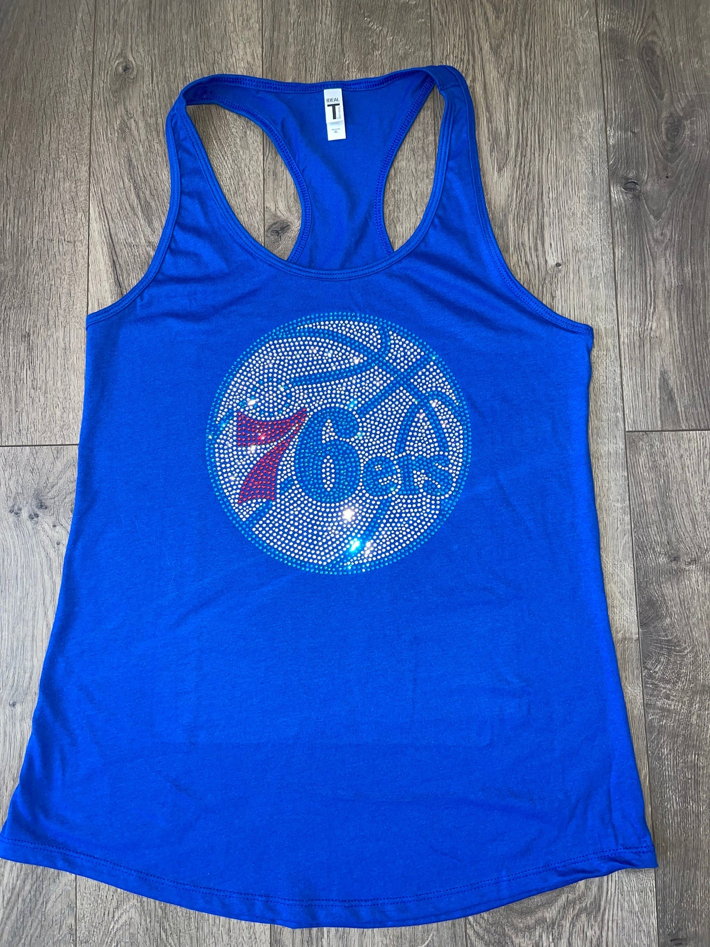 76ers Bling Rhinestone Next Level N1533 Ladies' Racerback Tank, Basketball Bling , Bling 76ers Tank