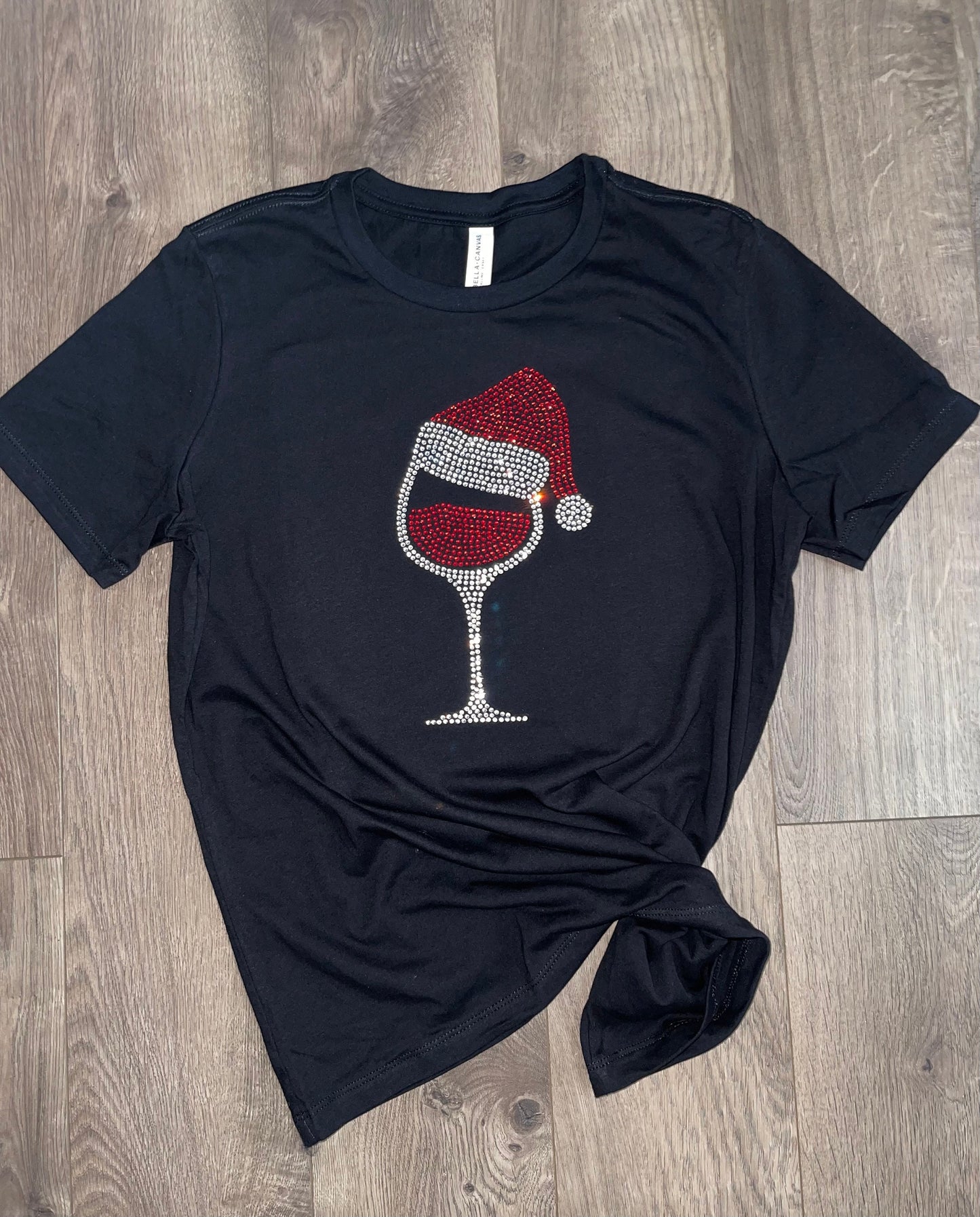 Santa Hat Wine Glass {Christmas Wine Lovers t-shirts, {Rhinestone Bling Classy Girl, Wine shirt Rhinestone Bling Bling, Girls Party Shirt