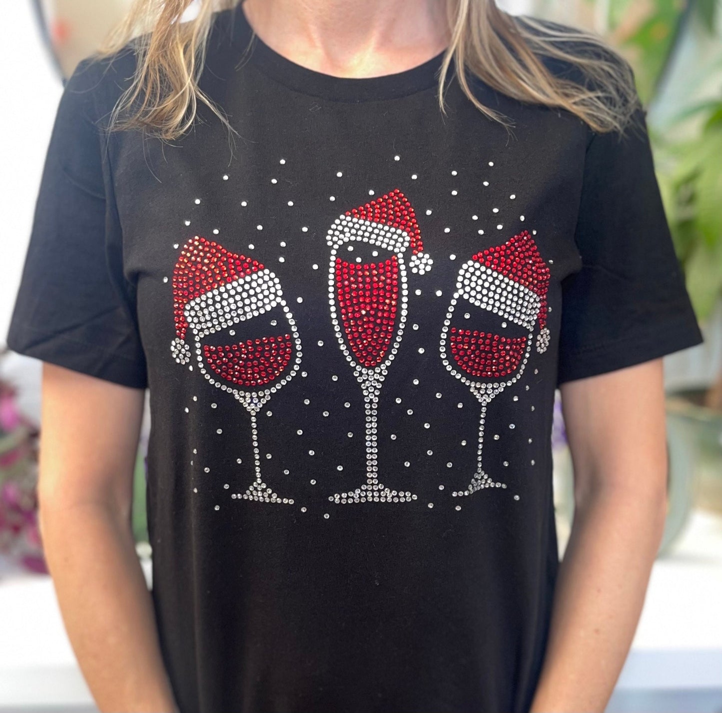 Santa Hat Wine Glasses {Wine Lovers t-shirts, {Rhinestone Bling Classy Girl, {Wine shirt Rhinestone Bling Bling, Christmas Party shirt