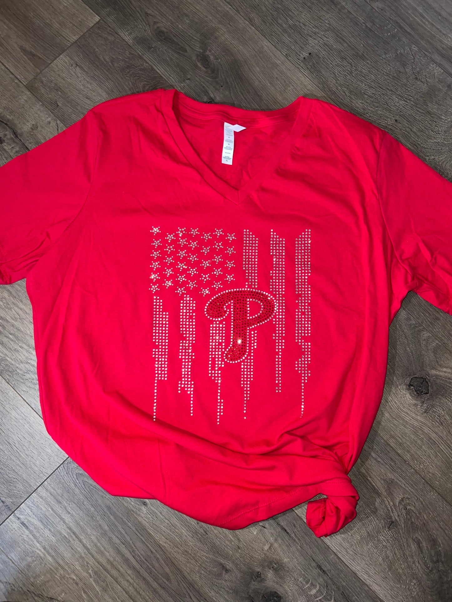 Phillies Rhinestone Bella + Canvas Women's Relaxed Jersey Short Sleeve T-Shirt, MLB, Baseball, Bling Phillies Shirt