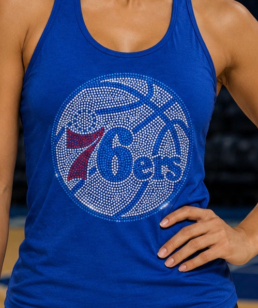 76ers Bling Rhinestone Next Level N1533 Ladies' Racerback Tank, Basketball Bling , Bling 76ers Tank