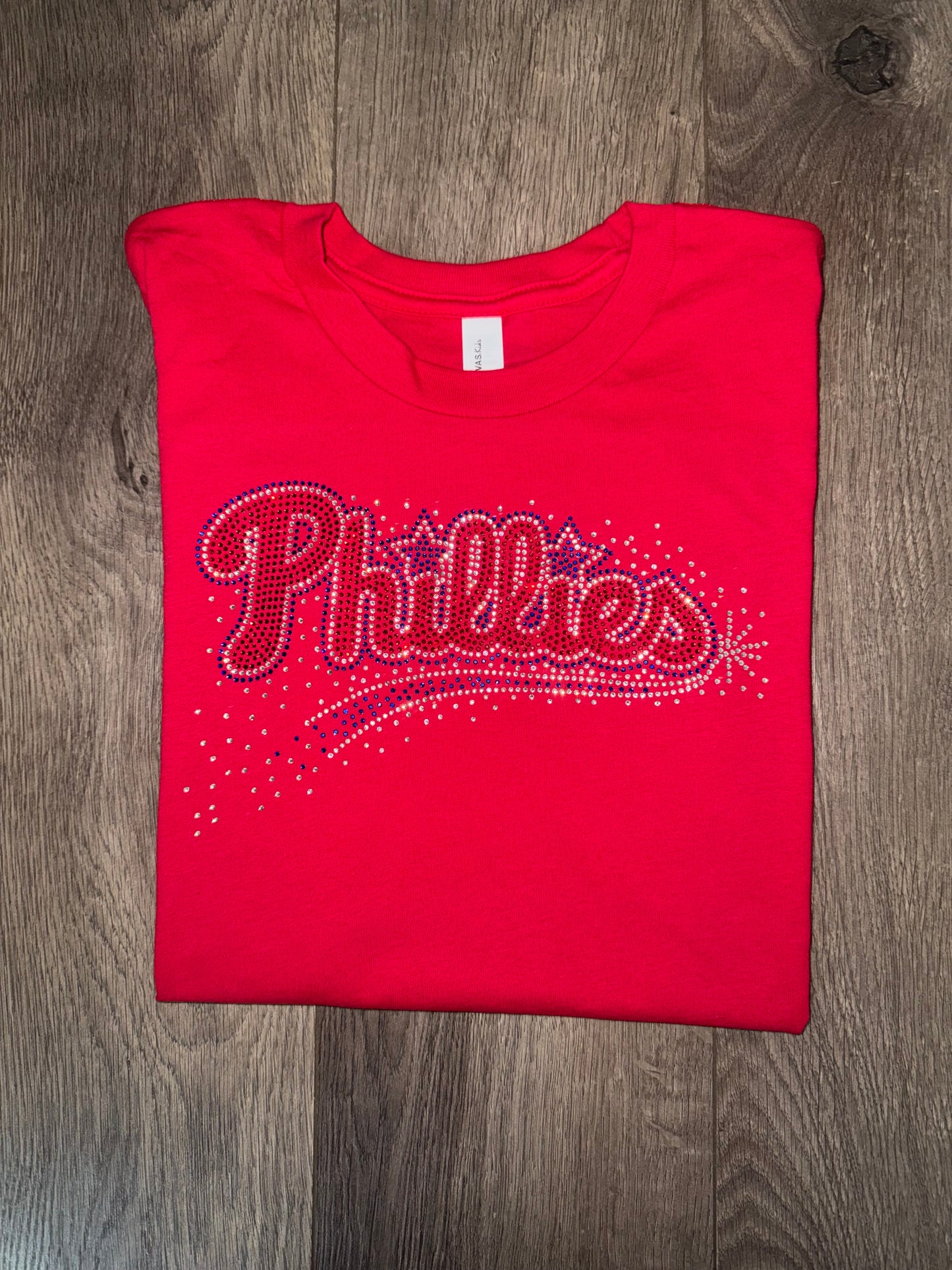 Phillies Rhinestone Bella + Canvas Women's Relaxed Jersey Short Sleeve V-Neck T-Shirt, Baseball, Bling Phillies Shirt Red V-Neck