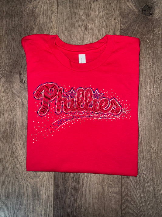 Phillies Rhinestone Bella + Canvas Women's Relaxed Jersey Short Sleeve V-Neck T-Shirt, Baseball, Bling Phillies Shirt Red V-Neck