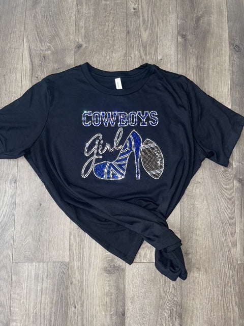 Cowboys "Cowboy's Girl with High Heel" Custom Rhinestone on a Bell+Canvas Short Sleeve Shirt