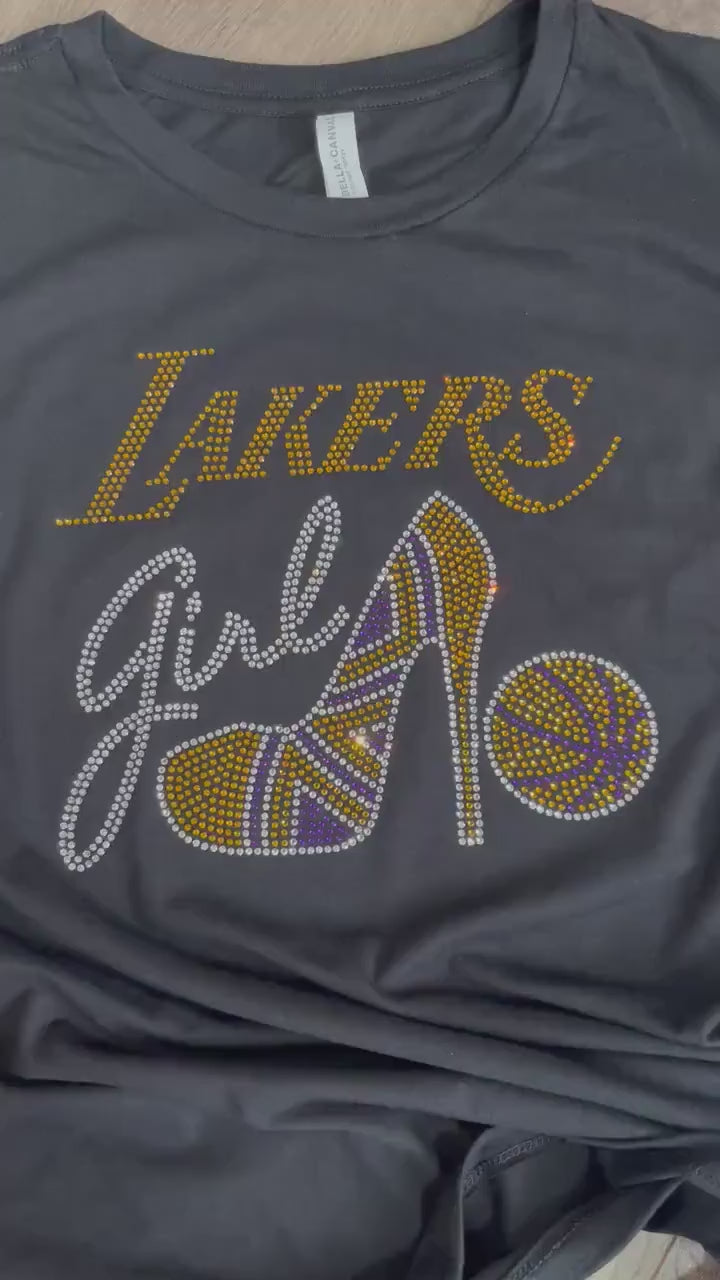 Lakers Girl Rhinestone Shirt |Basketball Bling shirt | Lakers Girl Stiletto Rhinestone Shirt | Women's Shirts | Bling basketball Shirt