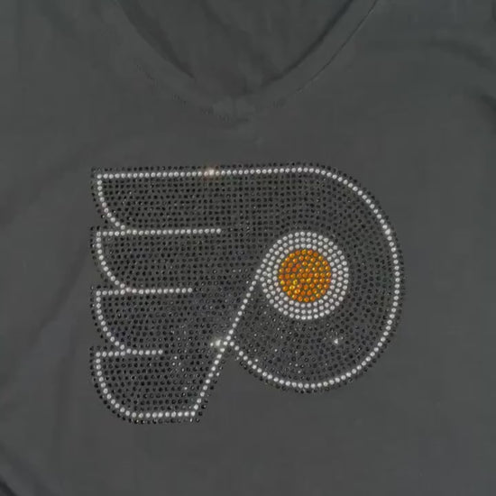 Flyers Port and Company Ladies Long Sleeve V-Neck Flyers Bling { Rhinestone Bling Flyers Shirt { NHL Flyers Shirts