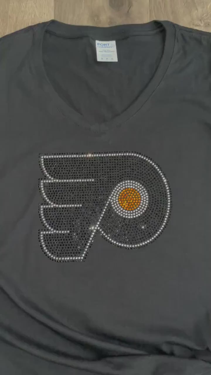 Flyers Port and Company Ladies Long Sleeve V-Neck Flyers Bling { Rhinestone Bling Flyers Shirt { NHL Flyers Shirts