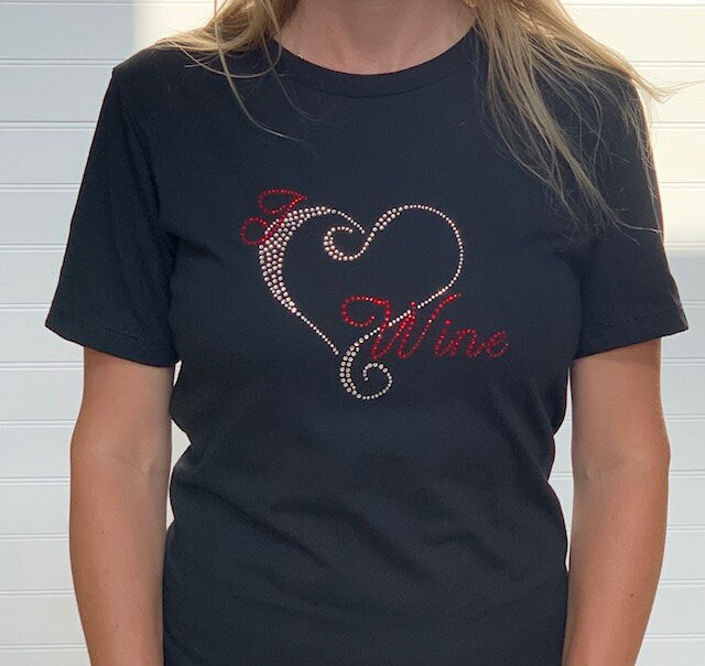 Wine Lovers t-shirts, Rhinestone Bling Wine Shirt I LOVE WINE, Classy Wine shirt - Wine saying, Bling Bling, Heart Wine Shirt