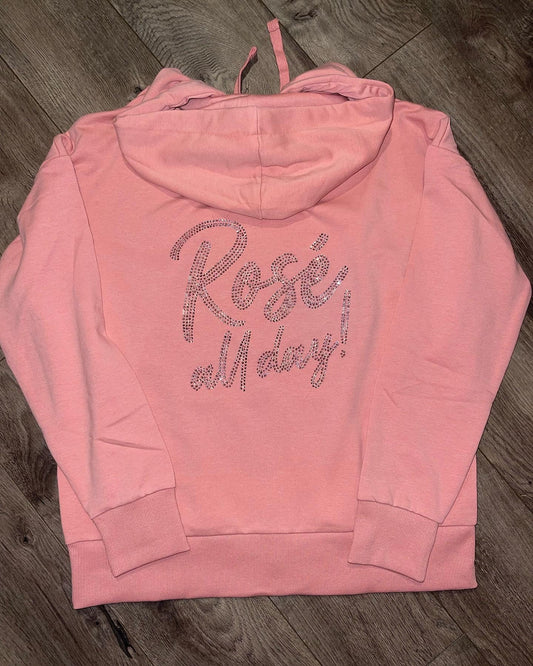 Rose all day Rhinestone Bling, wine lovers, Girls Trip, Time and Tru Pink Full Zipper Hoodie