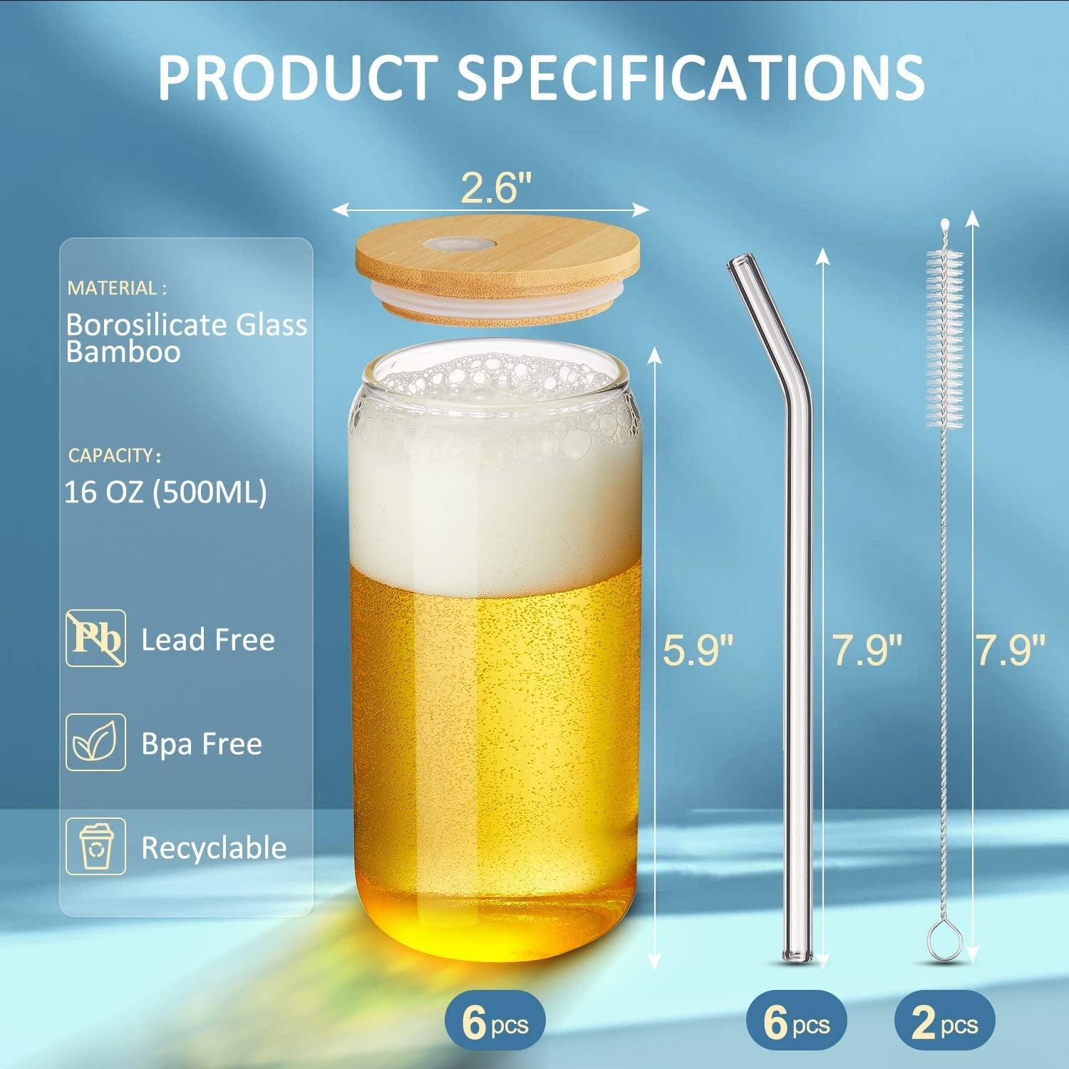 Phillies Glass Tumbler, Netduti Can Shaped Glass Cups With Bamboo Lids And Glass Straws,16 Oz