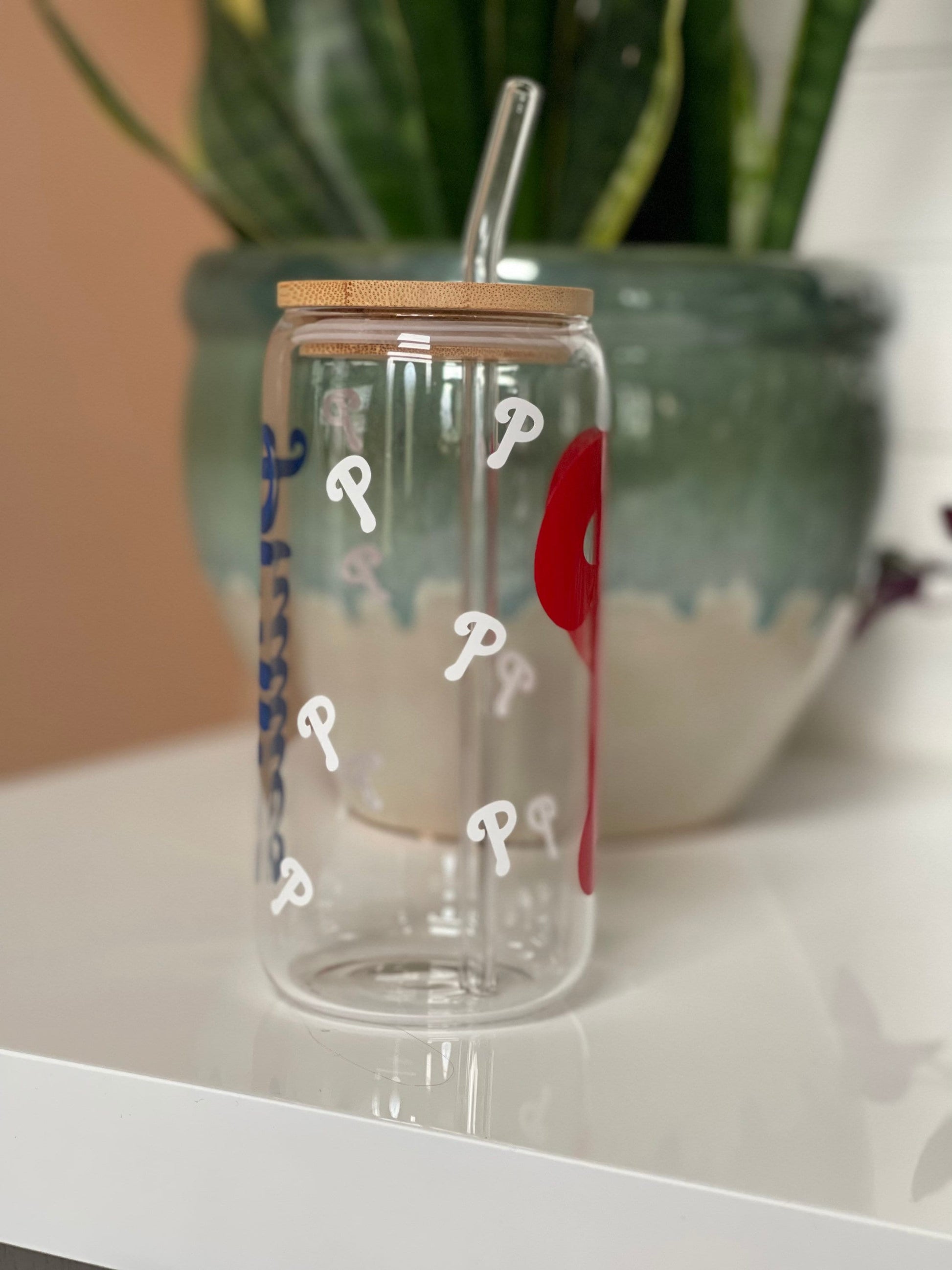 Phillies Glass Tumbler, Netduti Can Shaped Glass Cups With Bamboo Lids And Glass Straws,16 Oz