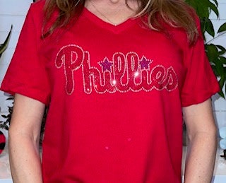 Phillies Rhinestone Bella + Canvas Women's Relaxed Jersey Short Sleeve V-Neck T-Shirt, MLB, Baseball, Bling Phillies Shirt Red V-Neck