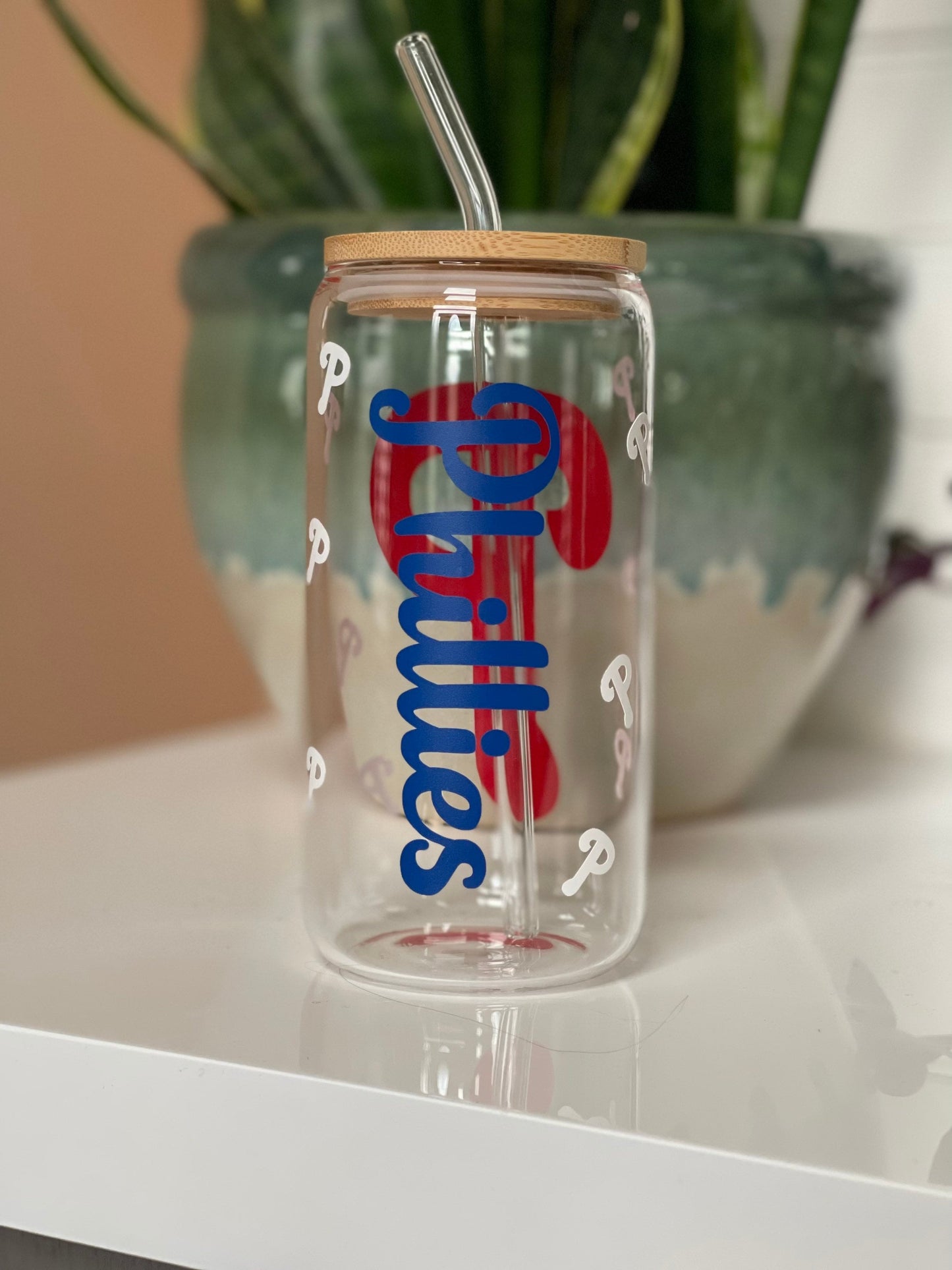 Phillies Glass Tumbler, Netduti Can Shaped Glass Cups With Bamboo Lids And Glass Straws,16 Oz