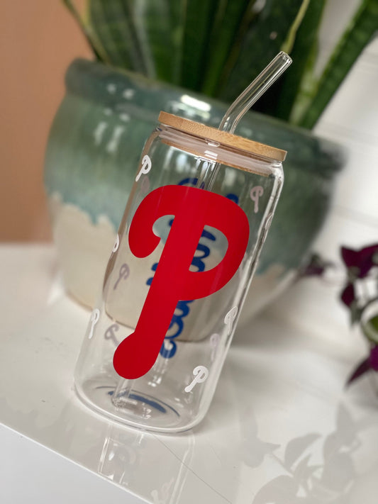 Phillies Glass Tumbler, Netduti Can Shaped Glass Cups With Bamboo Lids And Glass Straws,16 Oz