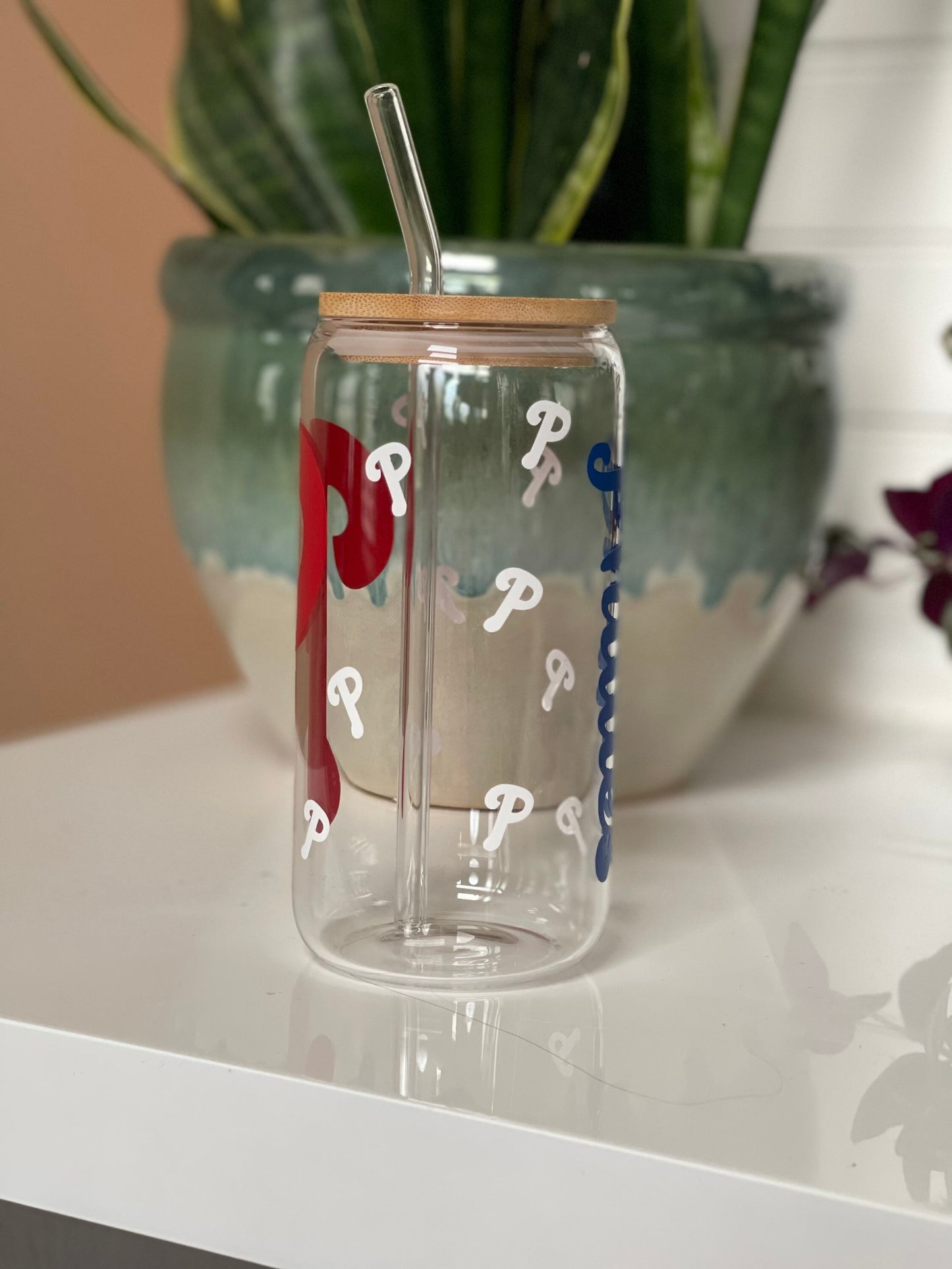 Phillies Glass Tumbler, Netduti Can Shaped Glass Cups With Bamboo Lids And Glass Straws,16 Oz