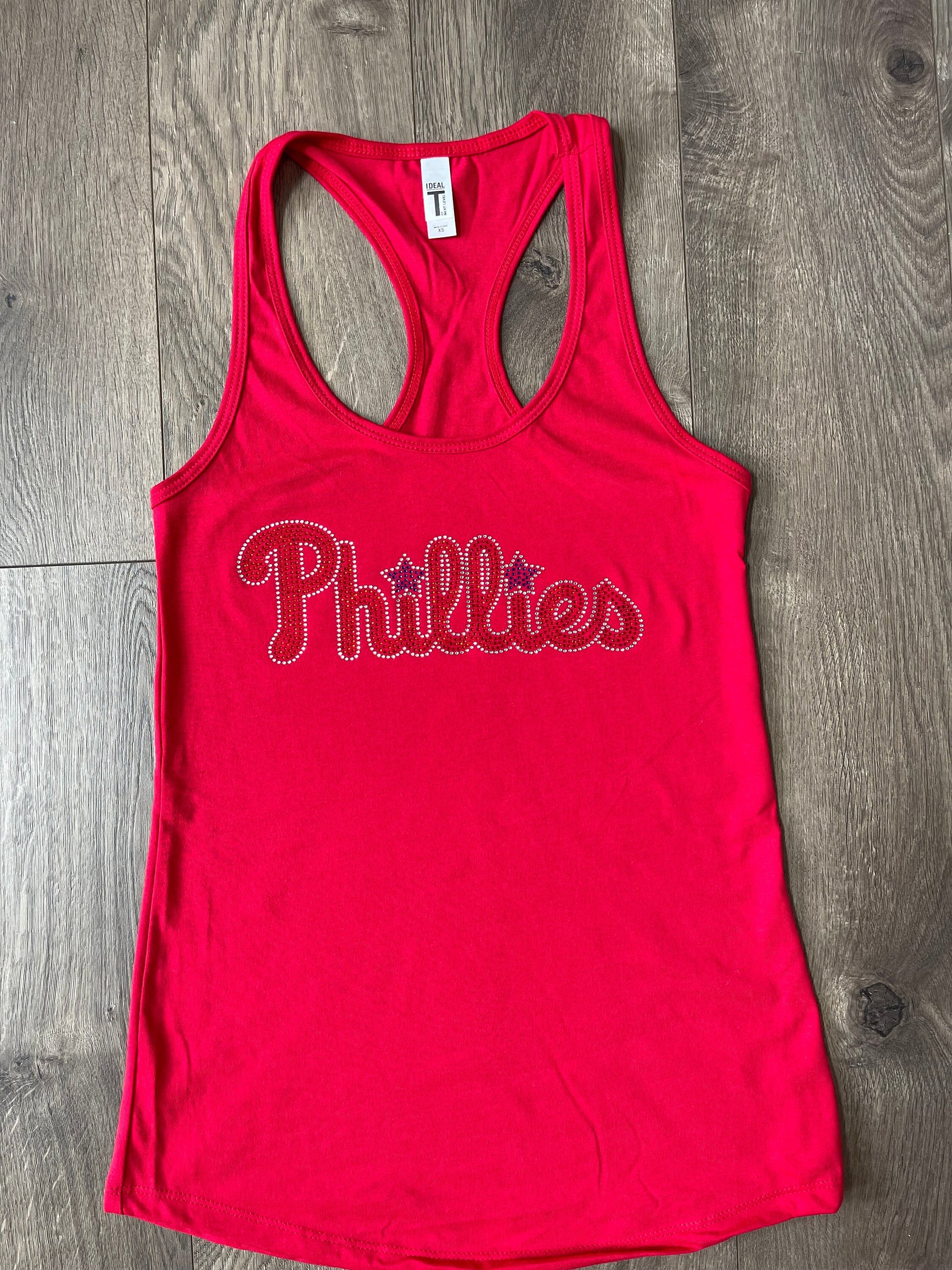 Phillies Rhinestone Next Level N1533 Ladies' Racerback Tanktop, MLB, Baseball, Bling Phillies Shirt