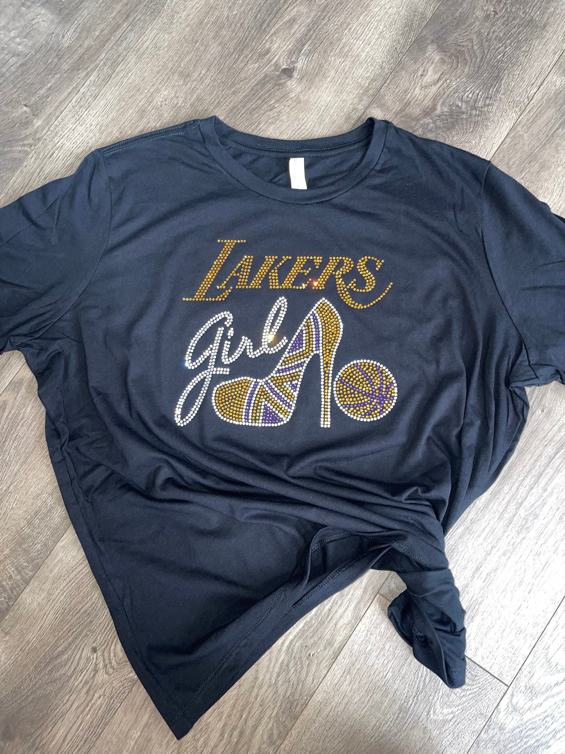 Lakers Girl Rhinestone Shirt |Basketball Bling shirt | Lakers Girl Stiletto Rhinestone Shirt | Women's Shirts | Bling basketball Shirt