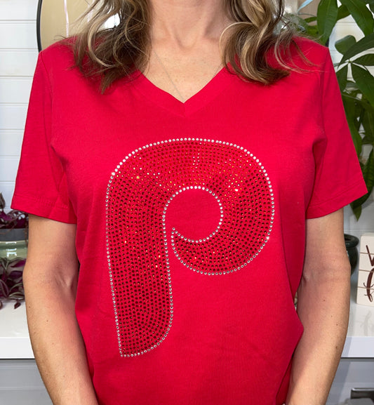 Phillies Rhinestone Bella + Canvas Women's Relaxed Jersey Short Sleeve V-Neck T-Shirt, MLB, Baseball, Bling Phillies Shirt Red V-Neck