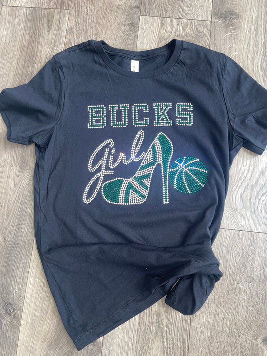 Bucks Girl Rhinestone Shirt |Basketball Bling shirt | Bucks Girl Stiletto Rhinestone Shirt | Women's Shirts | NBA basketball Shirt