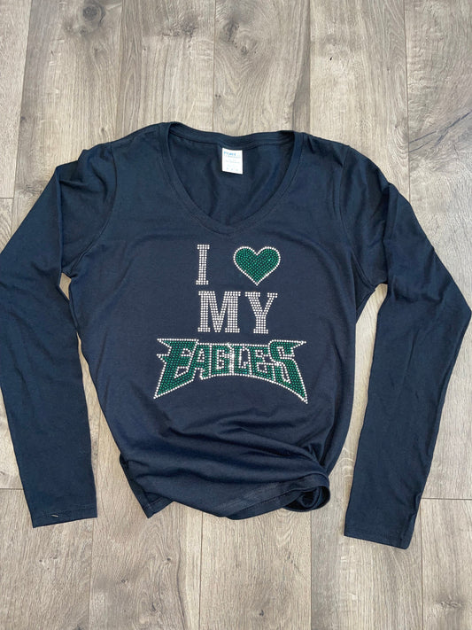 Eagles {Port and Company Ladies Long Sleeve V-Neck Eagles Bling} { Rhinestone Bling I Love My Eagles { NFL Philadelphia Eagles Rhinestones