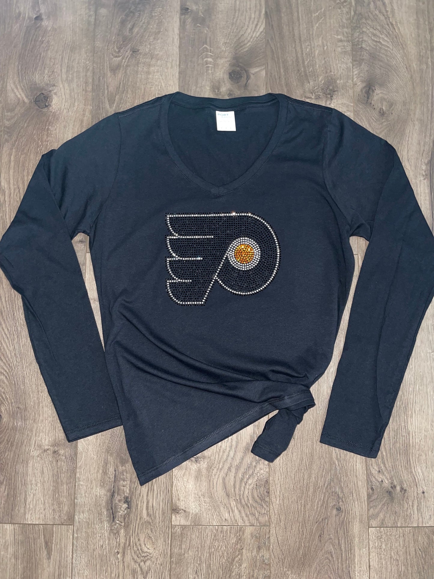 Flyers Port and Company Ladies Long Sleeve V-Neck Flyers Bling { Rhinestone Bling Flyers Shirt { NHL Flyers Shirts