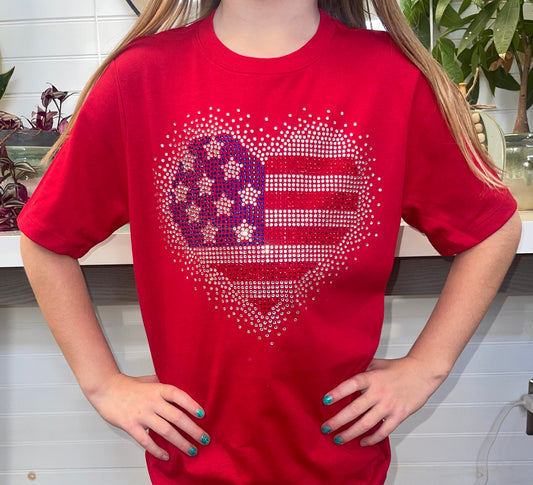 Kids (girls) Heart American Flag Rhinestone Bella + Canvas Kids T-Shirt, Patriotic Bling Shirt Red Crew Neck