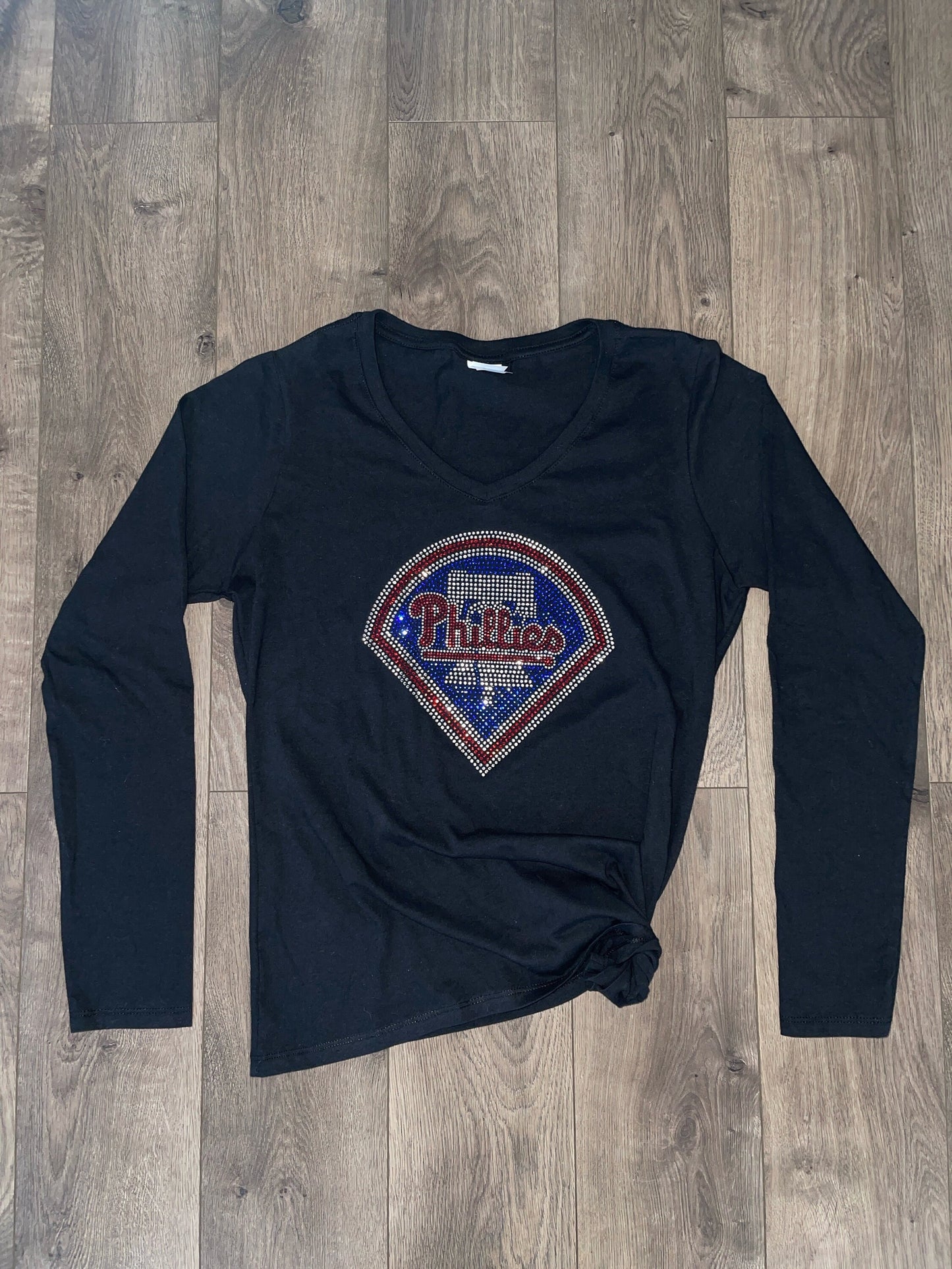 Phillies Port and Company Ladies Long Sleeve V-Neck Phillies Bling { Rhinestone Bling Phillies Diamond Shirt { Phillies Baseball Shirt