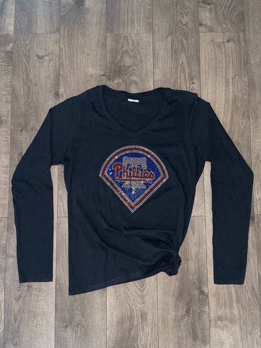 Phillies Port and Company Ladies Long Sleeve V-Neck Phillies Bling { Rhinestone Bling Phillies Diamond Shirt { Phillies Baseball Shirt