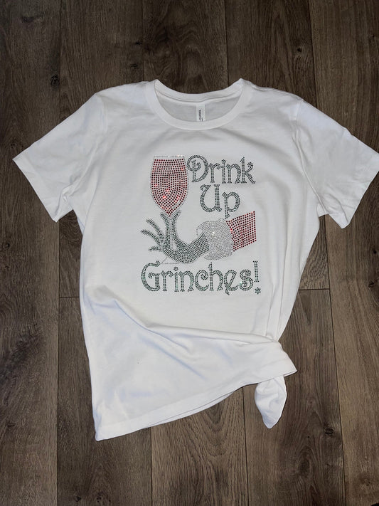 Drink Up Grinches { Wine Lovers t-shirts { Christmas Rhinestone Bling Wine Shirt { Christmas Party Wine shirt { Wine Bling shirt}